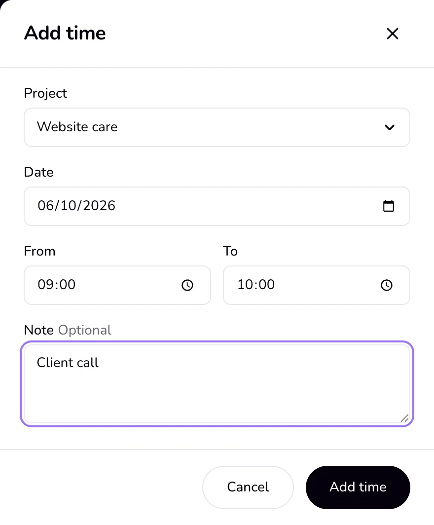 The Add time panel with the Project, Date, From, To and Note fields, and the Cancel and Add time buttons.