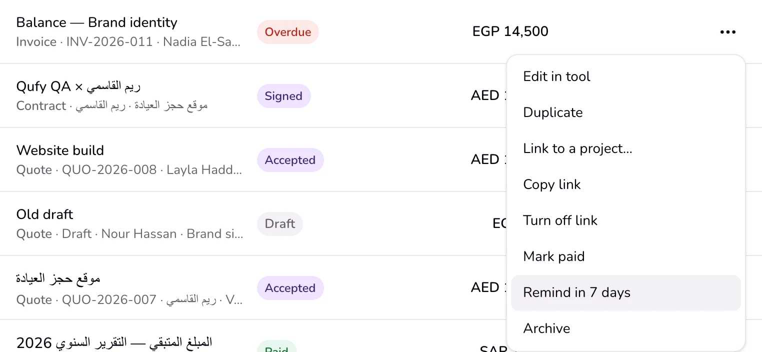 A sent invoice's row in Documents with its ⋯ menu open, Archive at the end of the menu.