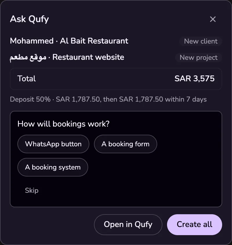 The plan in Ask Qufy: the client, the project, the total, the deposit, and one question