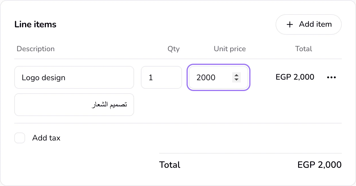 Line items in a bilingual quote, each with a second description field in the other language.