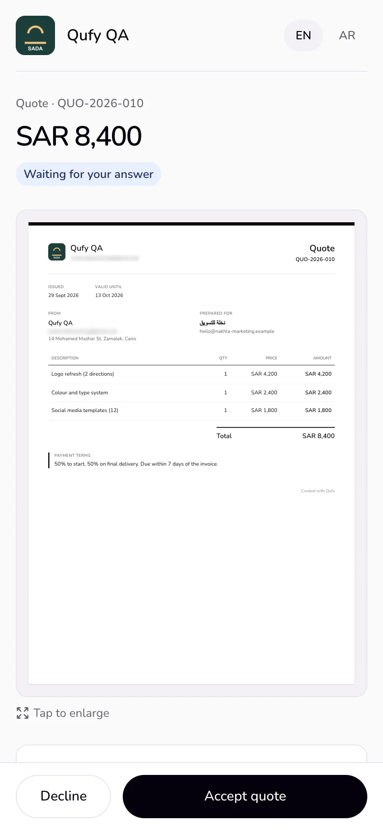 A quote opened on a phone: the sender's name, the total, Waiting for your answer, the document, and the Decline and Accept quote buttons at the bottom.