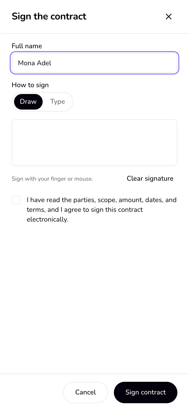 The Sign the contract panel on a phone with Draw and Type, the signature box, and the agreement checkbox.