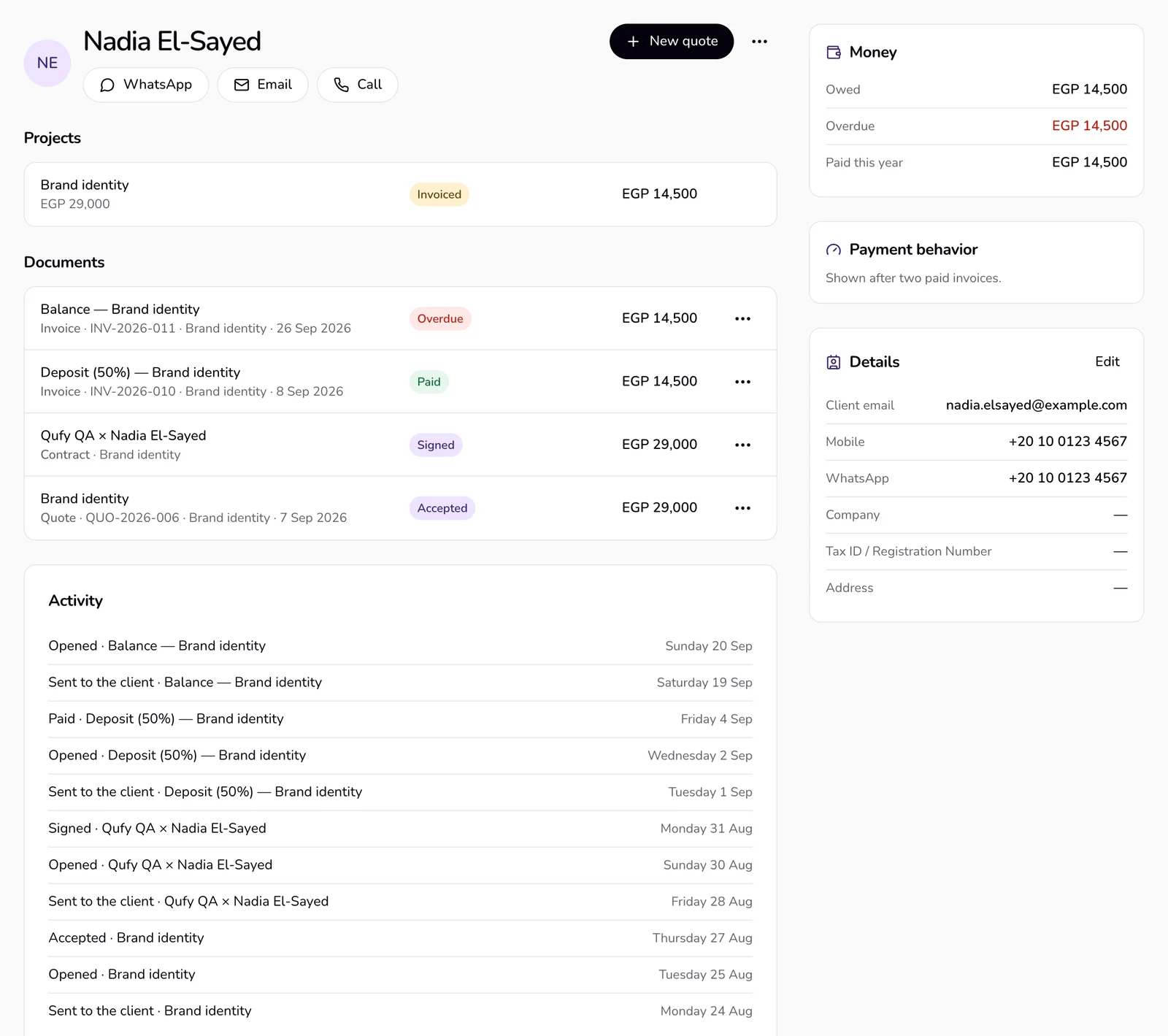 A client page: the name with WhatsApp, email, and call, New quote, their projects and documents, and Money, Payment behavior, and Details at the side.