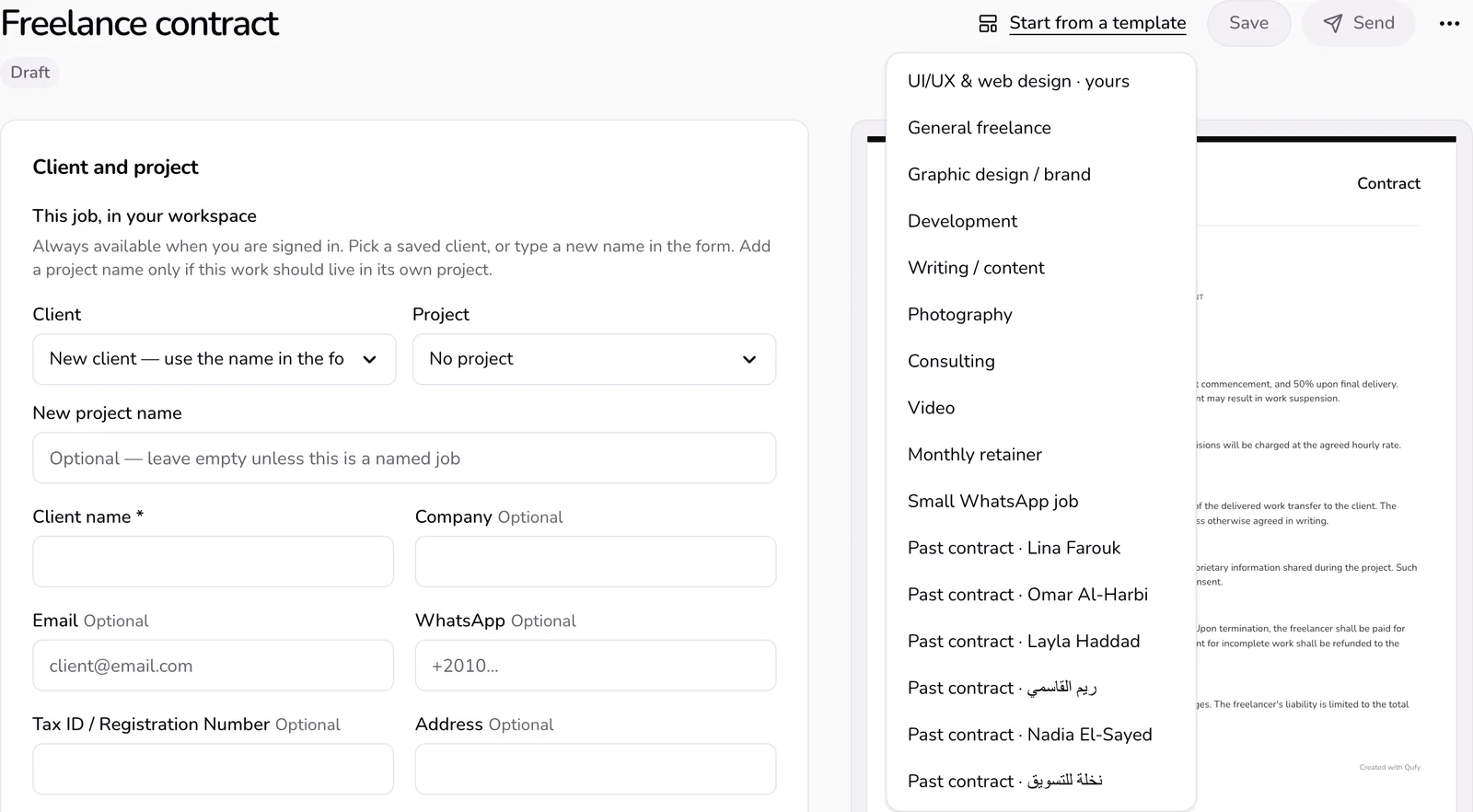 The Start from a template menu on the contract page, open, with the contract packs and the person's own pack first.