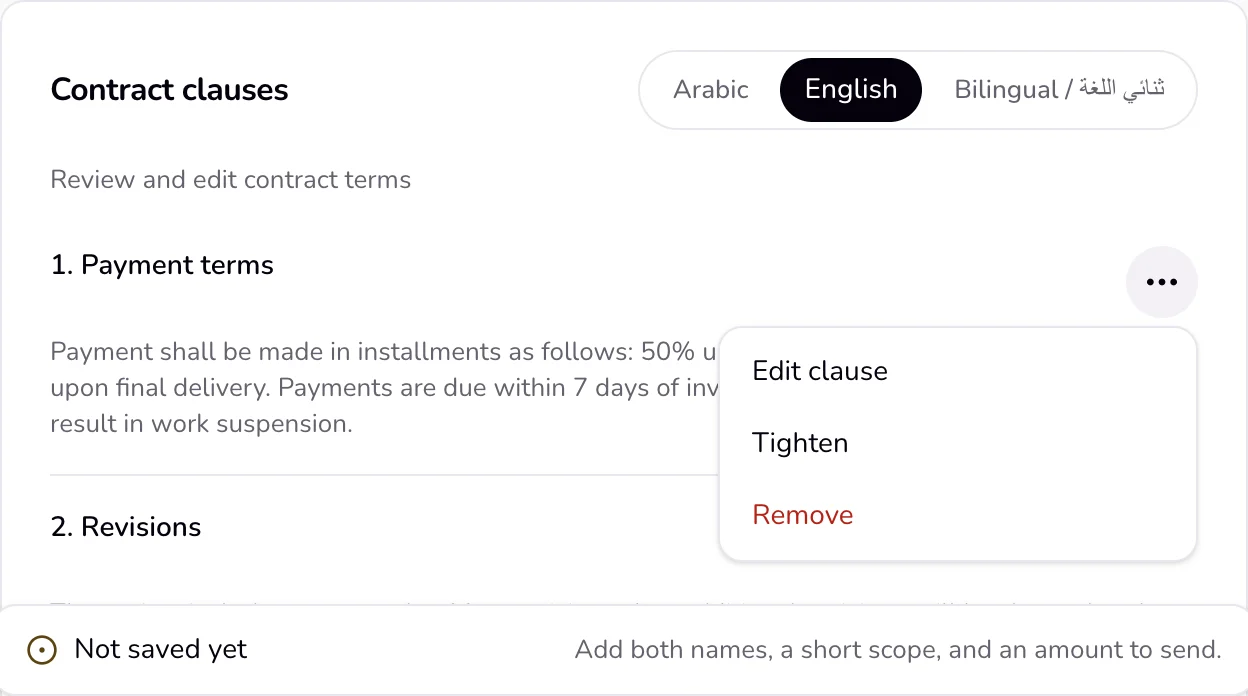 The Contract clauses card with a clause's More menu open: Edit clause, Tighten, and Remove.