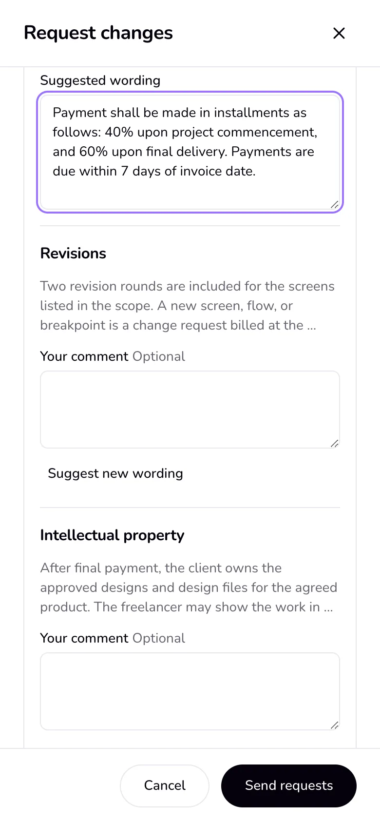 The client's Request changes drawer on a phone: a comment and a suggested wording on the payment terms.