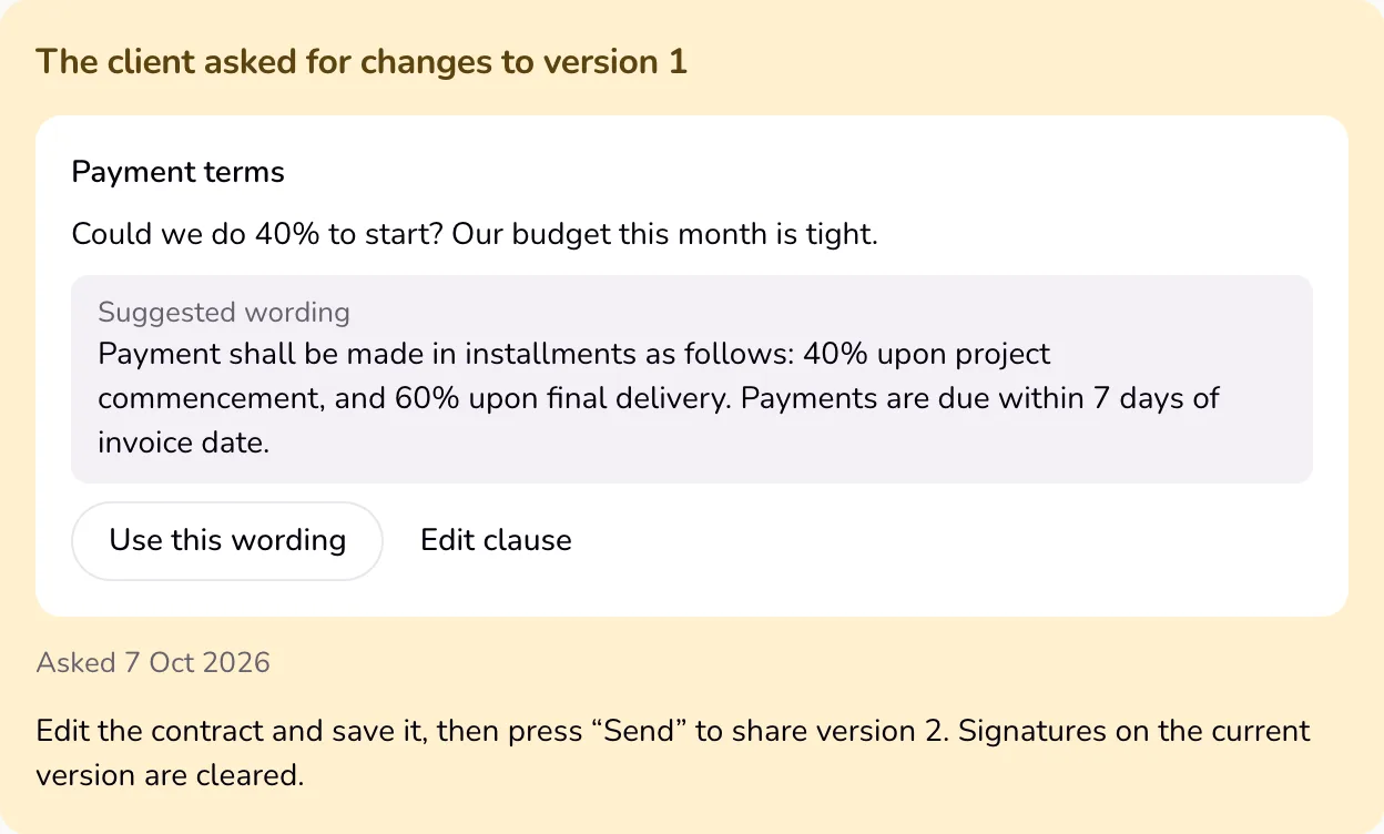 The client's requests in the contract editor, with Use this wording and Edit clause.