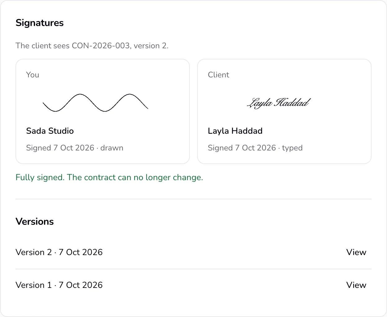 The Signatures card: both signatures on version 2, drawn and typed.