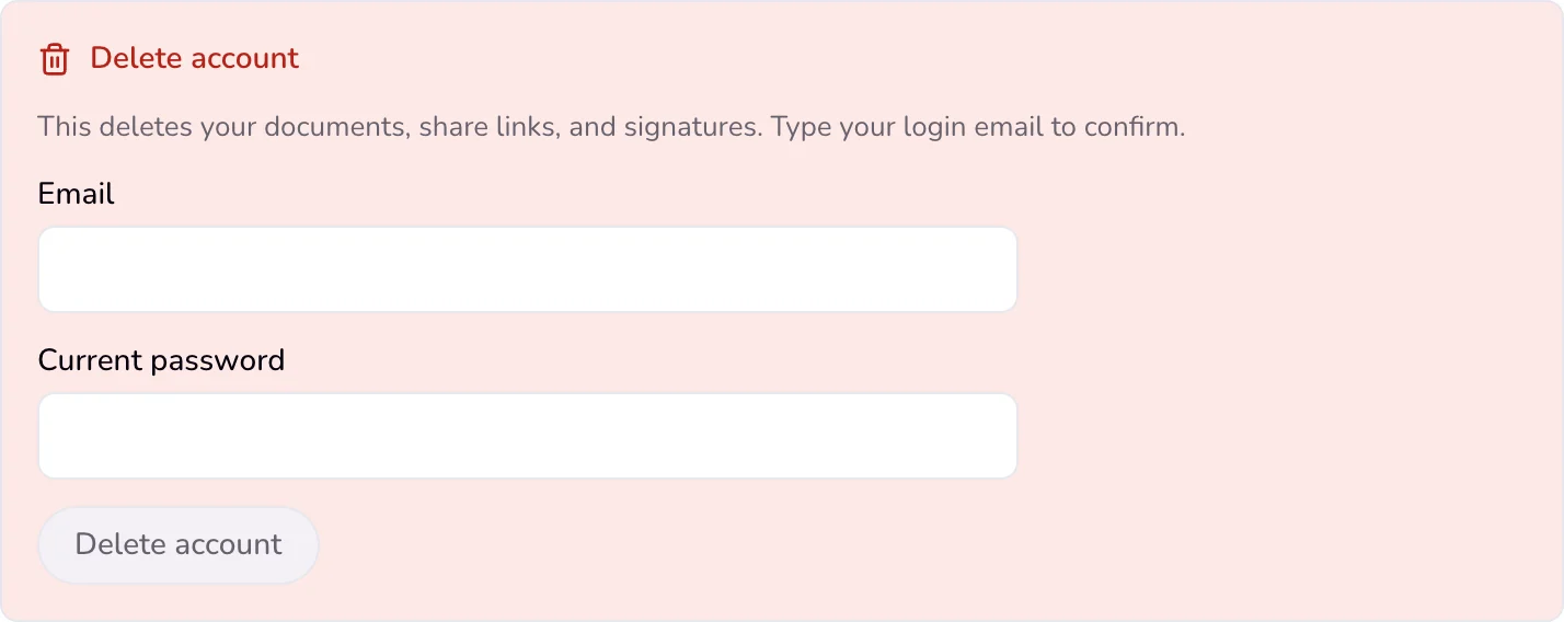 The Delete account box with the Email and Current password fields and the Delete account button.