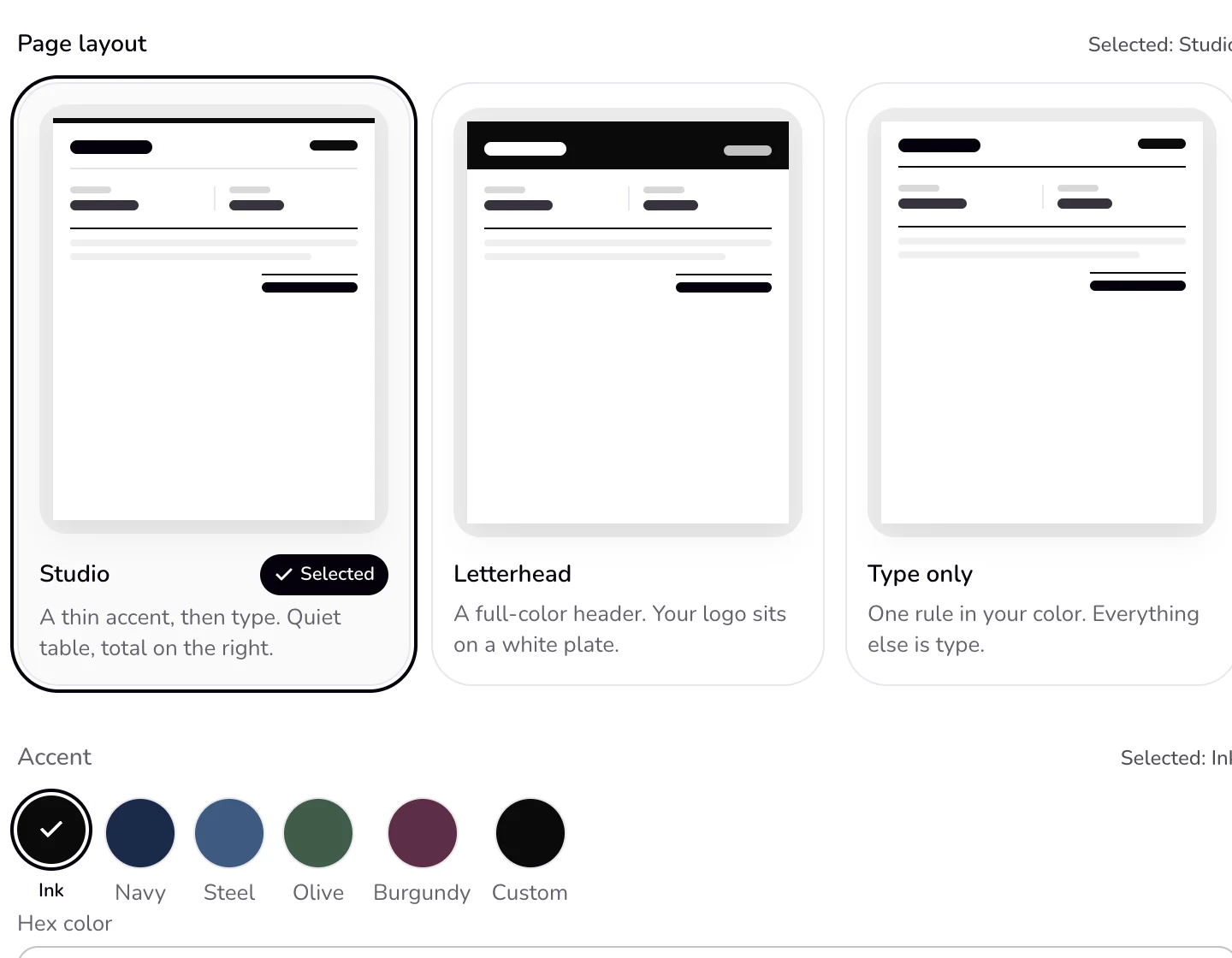 The three page layouts side by side, with one marked Selected, and the accent colours below.