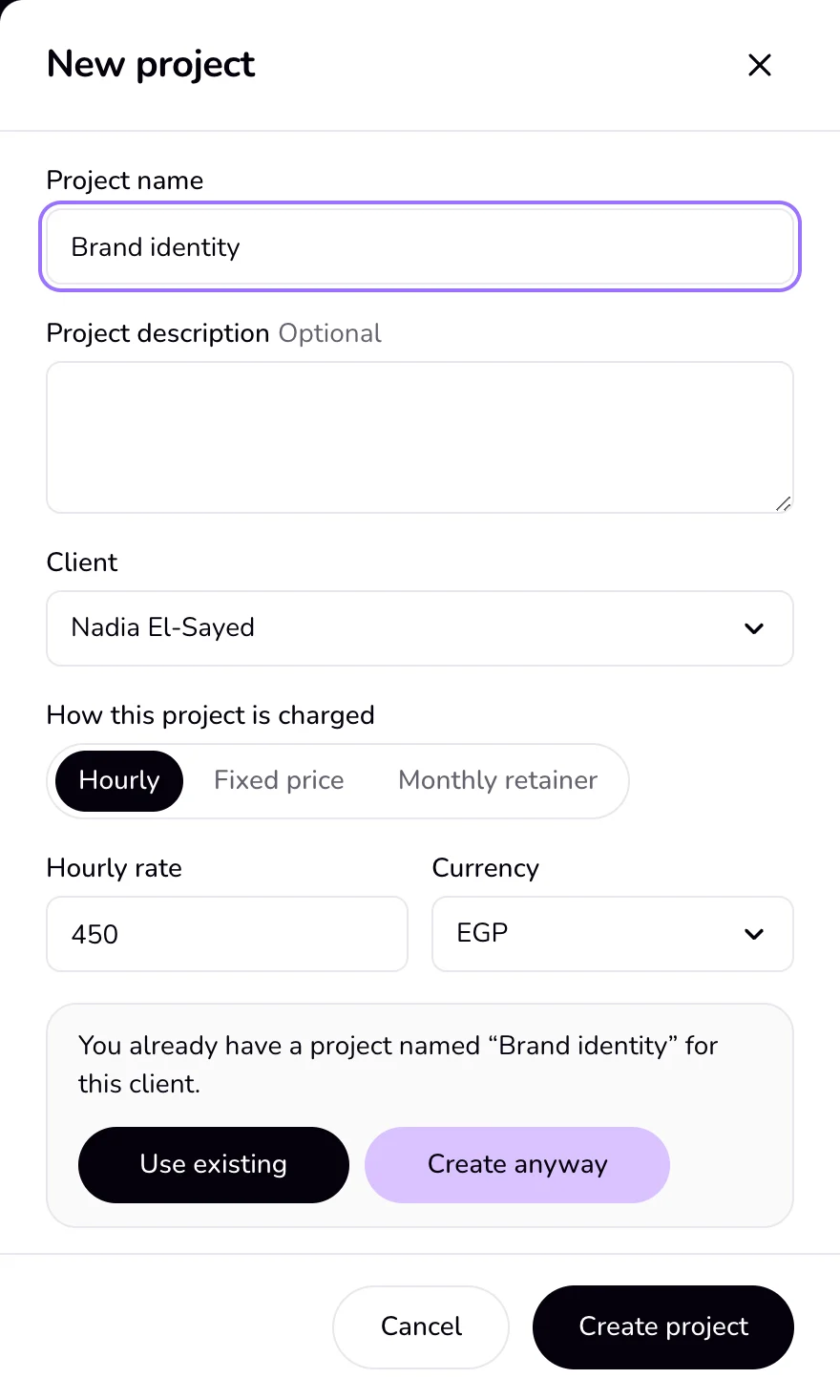 The New project panel with the duplicate question and the Use existing and Create anyway buttons.
