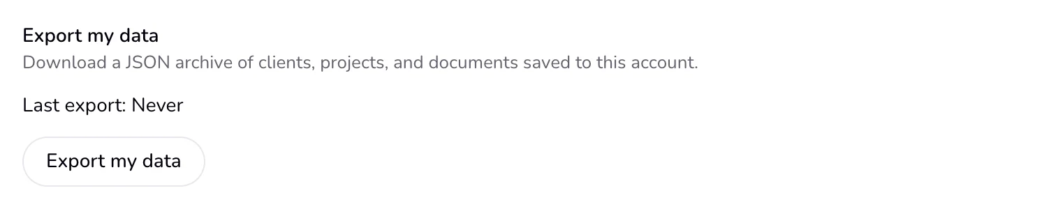 Export my data in the Account section, with the Last export line and the button.