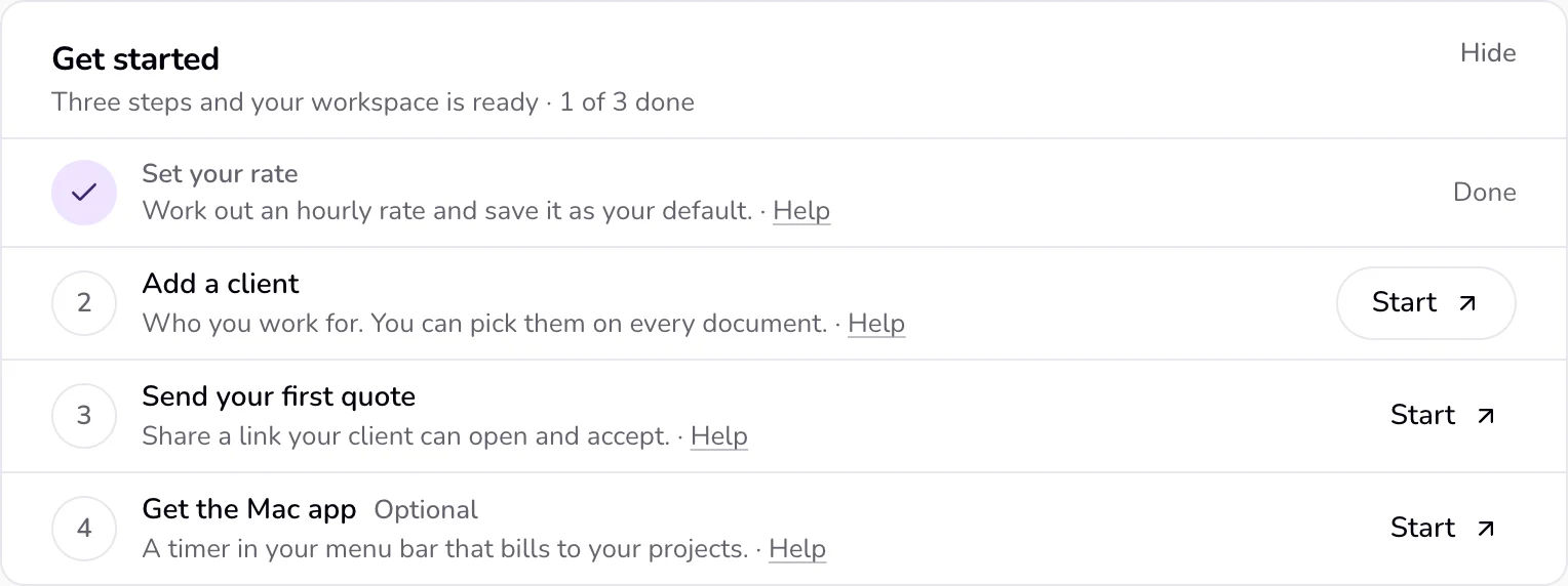 The Get started card on Home with four steps, each with a Help link: done steps have a check mark and Done, and the steps still to do have a Start button.