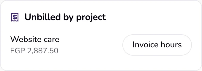 Unbilled by project at the side of the Time page, with Invoice hours on each project.