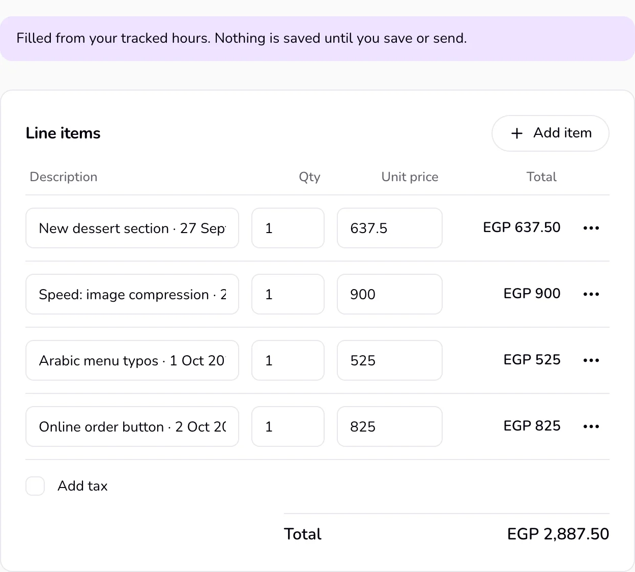 An invoice filled from tracked hours: the note at the top, and the line items with one line per day and note, showing the time and the hourly rate.