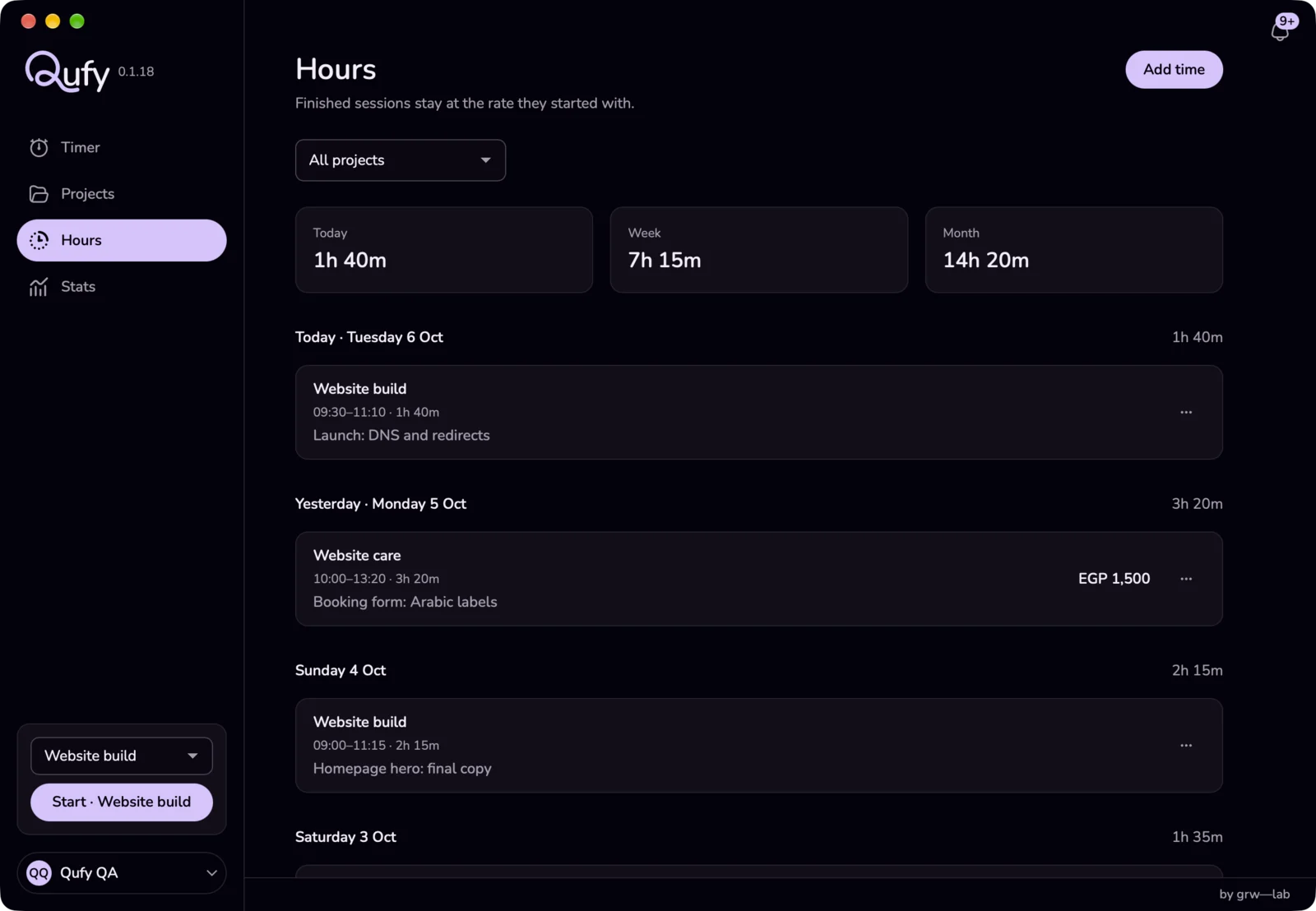 The Hours page in the Mac app: the Add time button at the top, the Today, Week and Month totals, and the sessions grouped by day.