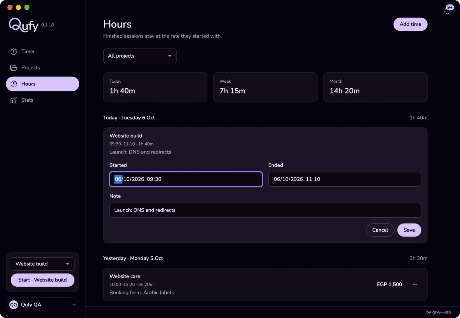 A session row open for editing, with the Started, Ended and Note fields and the Cancel and Save buttons.