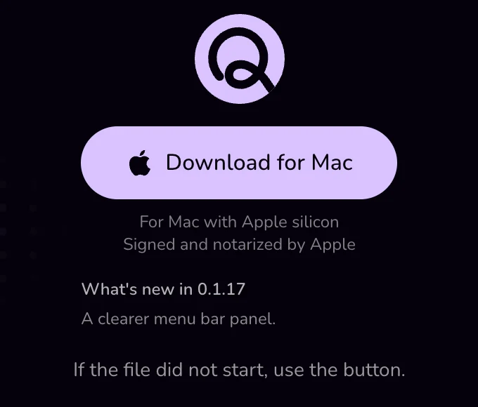 The Mac app page on the website, with the Download for Mac button, the lines For Mac with Apple silicon and Signed and notarized by Apple, and the download line under it.