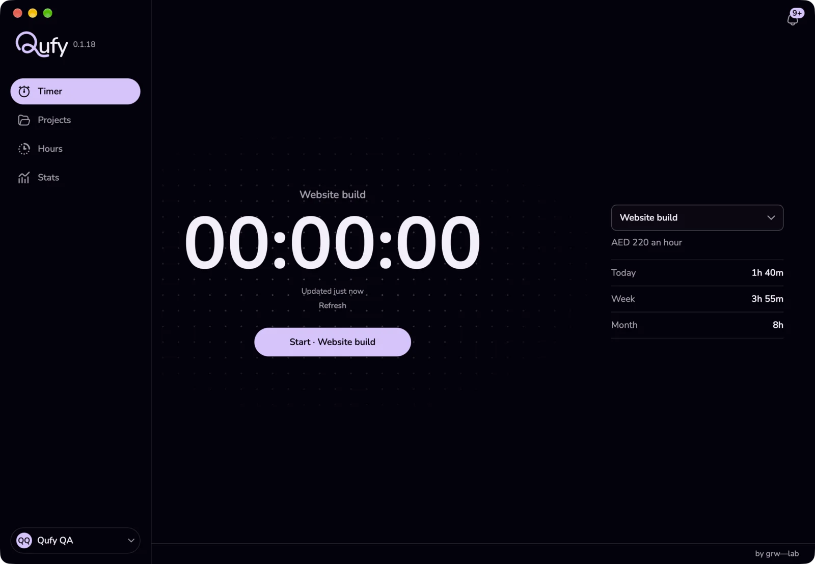 The Qufy window on the Timer page, with the sidebar on the left, the large clock in the middle, and the project, Today, Week and Month beside it.