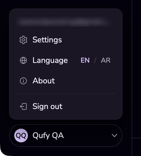 The name menu open at the bottom of the sidebar, listing the email, Settings, Language, About and Sign out.