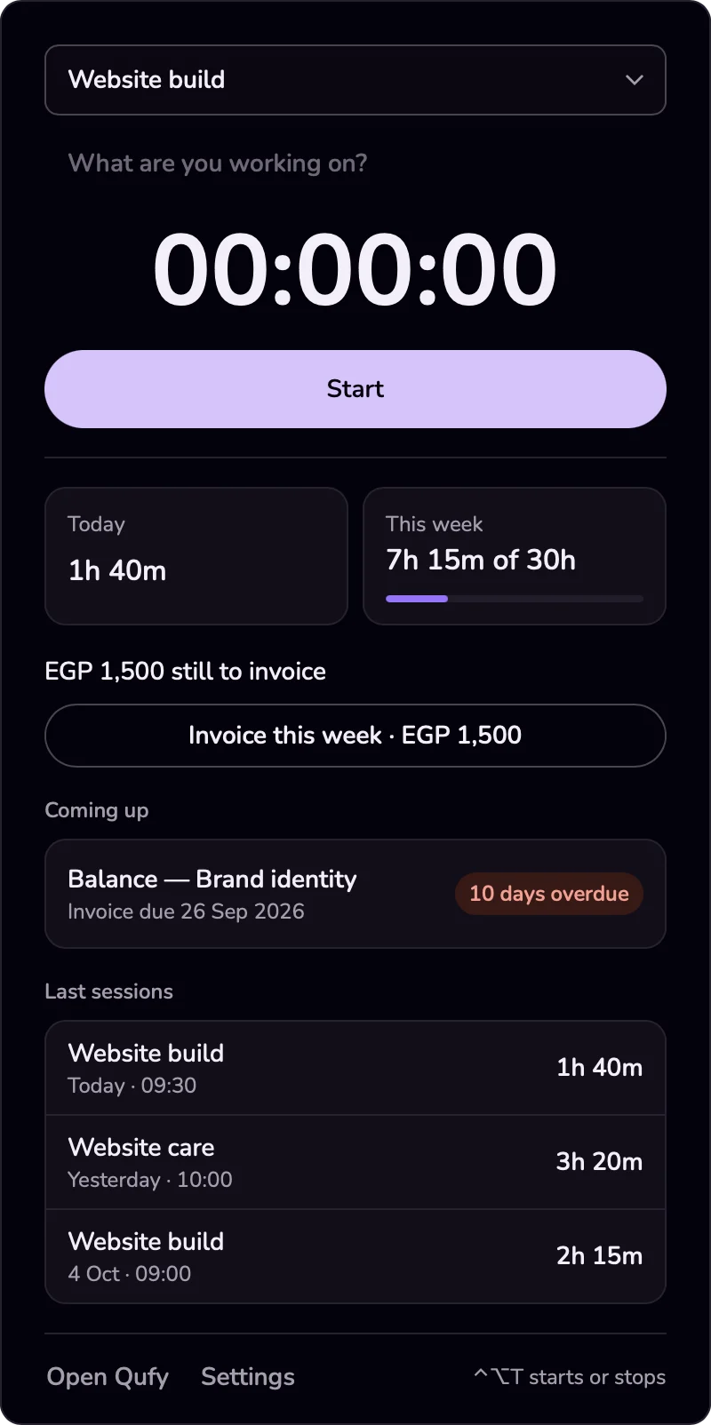 The menu-bar panel with no timer running: Today and This week, the 3 most recent projects, and the Start button with the project name under it.