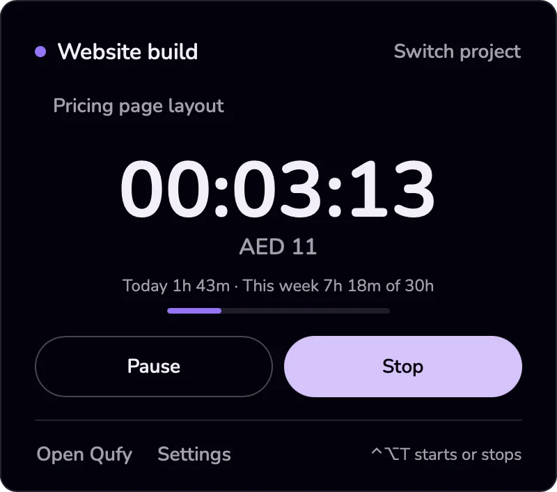 The menu-bar panel with the timer running: the clock, the money earned, the project menu, the note field, and the Pause and Stop buttons.