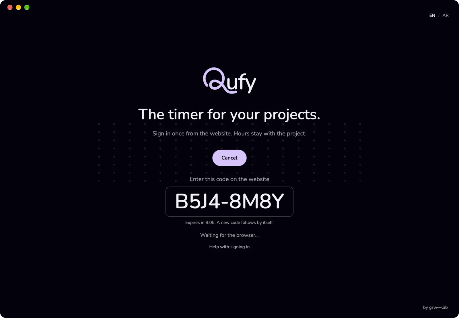 The Qufy window showing an 8-character code under Enter this code on the website, with Waiting for the browser below it.