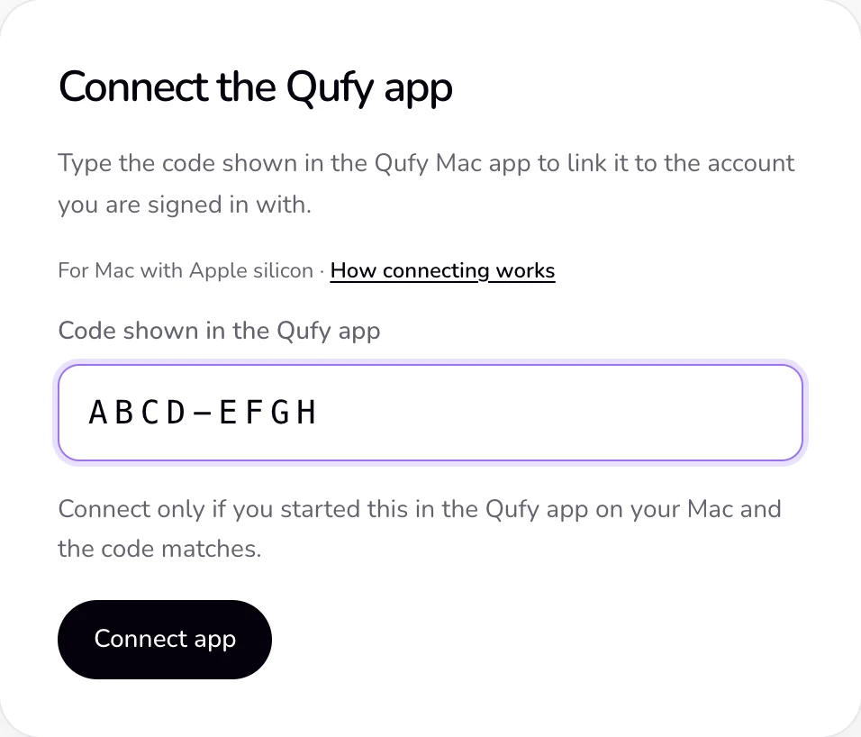 The Connect the Qufy app page on the website, with the code filled in under Code shown in the Qufy app and the Connect app button.