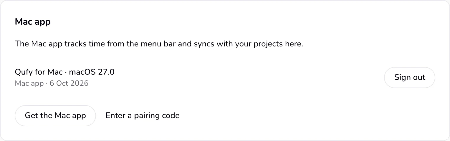 The Mac app section of the website's Settings, with a Qufy for Mac row and its Sign out button.