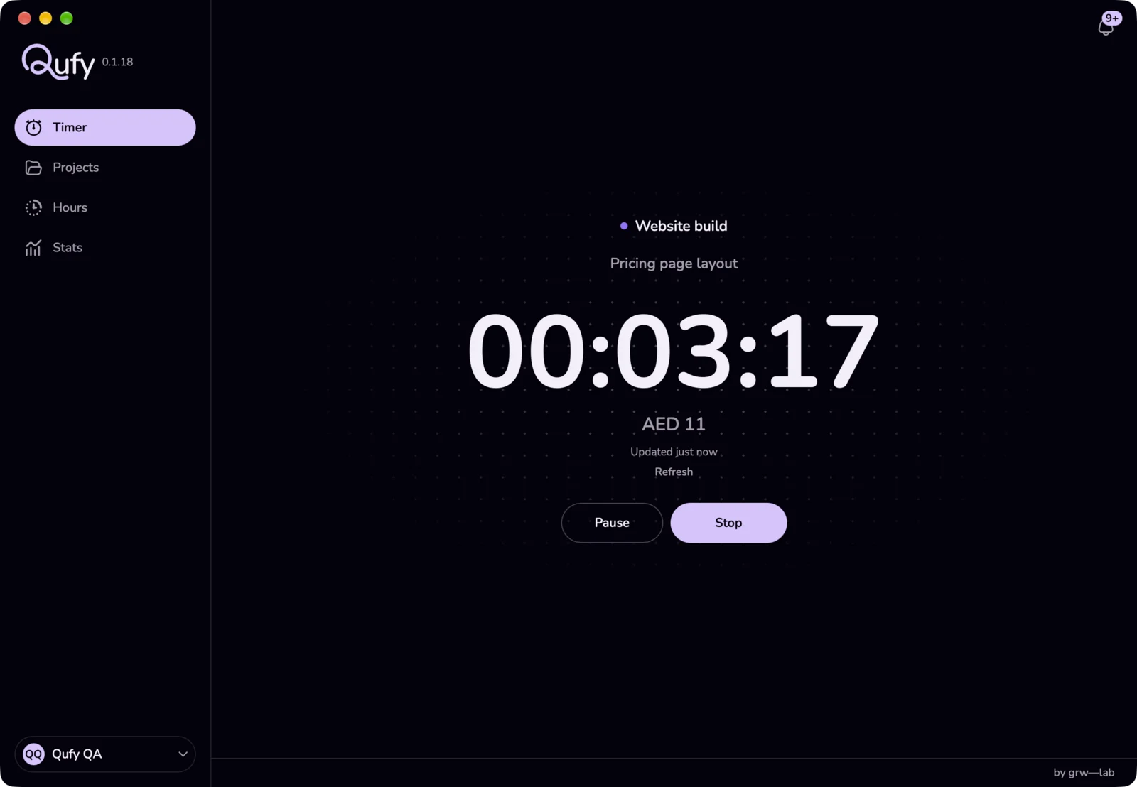 The Timer page with the timer running: the note field, the large clock, the money earned, and the Pause and Stop buttons under it.