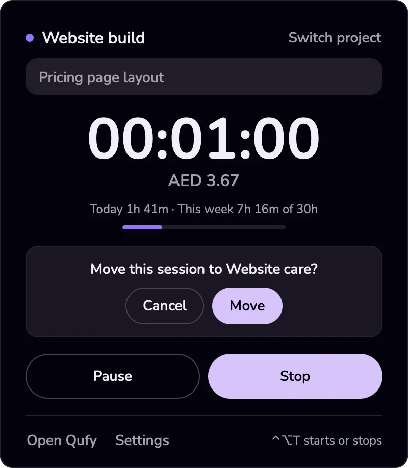 The question Move this session to a project? on the Timer page, with the Cancel and Move buttons.