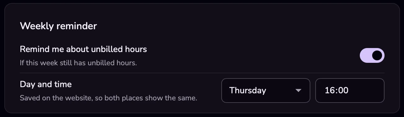 The Mac app's Settings page with the weekly reminder switch turned on.