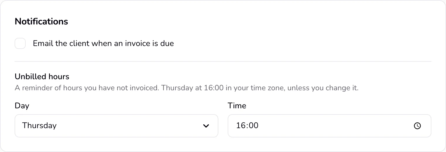 The website's Settings on the Notifications section, with the Day and Time fields under Unbilled hours.