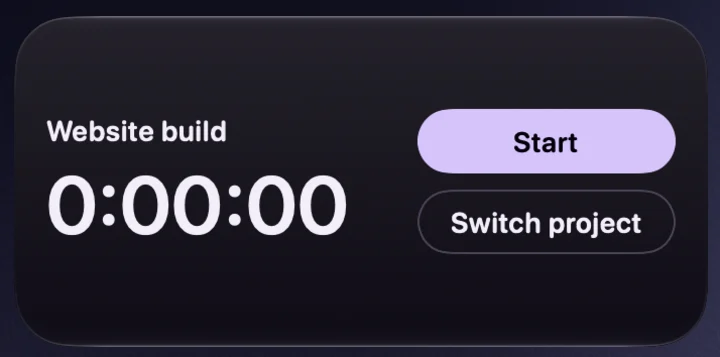 A Medium Qufy widget on the desktop with the timer running and the Pause, Stop and Switch project buttons.
