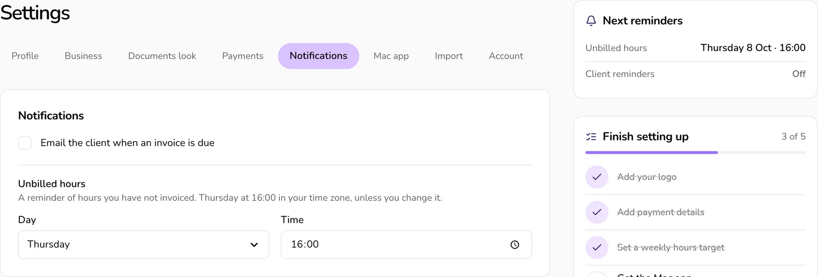 The Notifications section: the client reminder checkbox and the Unbilled hours day and time below it, with Next reminders beside the section.