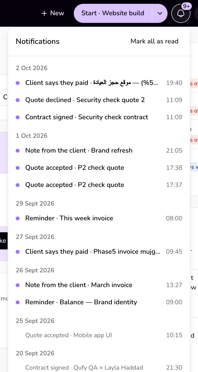 The Notifications panel under the bell with Client says they paid, Note from the client, and Contract signed rows, and Mark all as read.