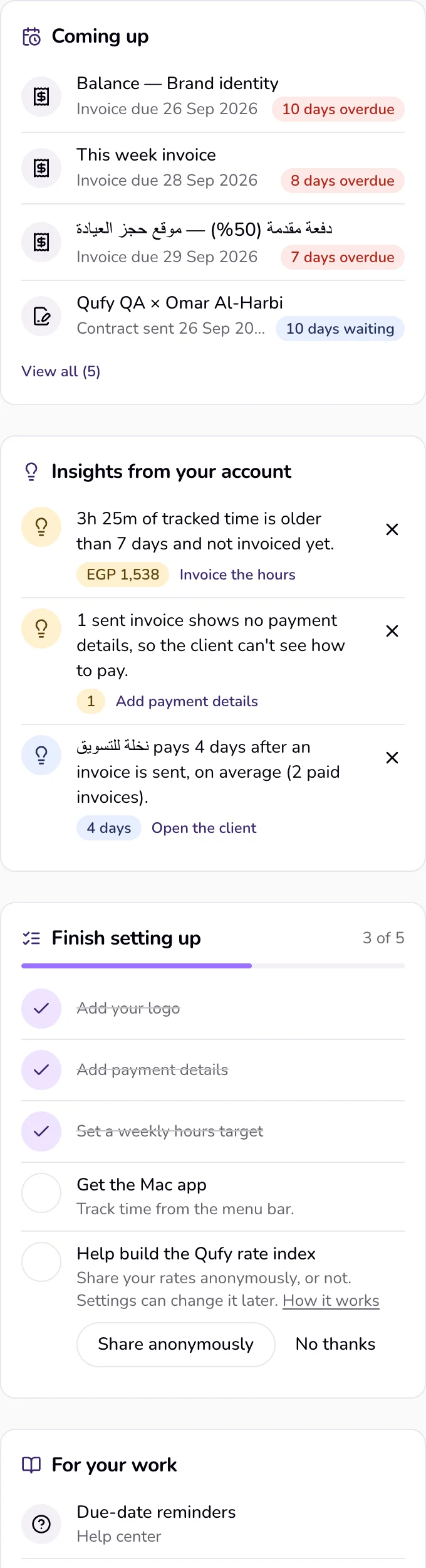 Home with the side column: Coming up with due dates, Insights from your account, Finish setting up, and For your work.