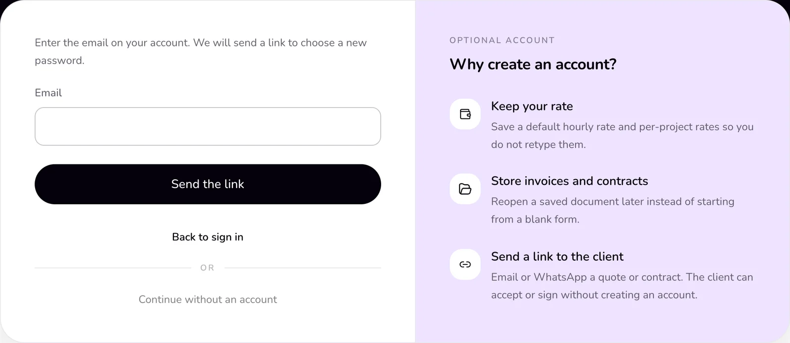 The Reset your password page with the Email field and the Send the link button.