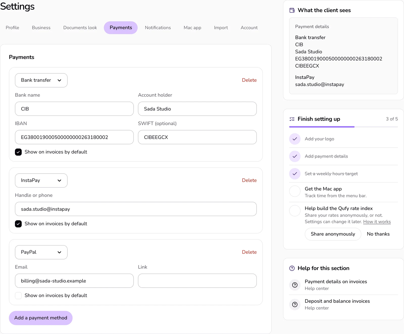 Settings with Payments chosen: a bank transfer filled in with its Show on invoices by default box, and the What the client sees preview beside it.