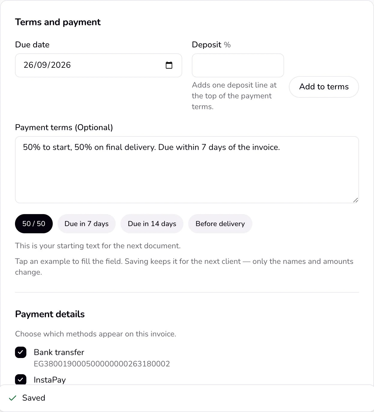The Payment details section in the invoice editor with saved methods and their checkboxes.