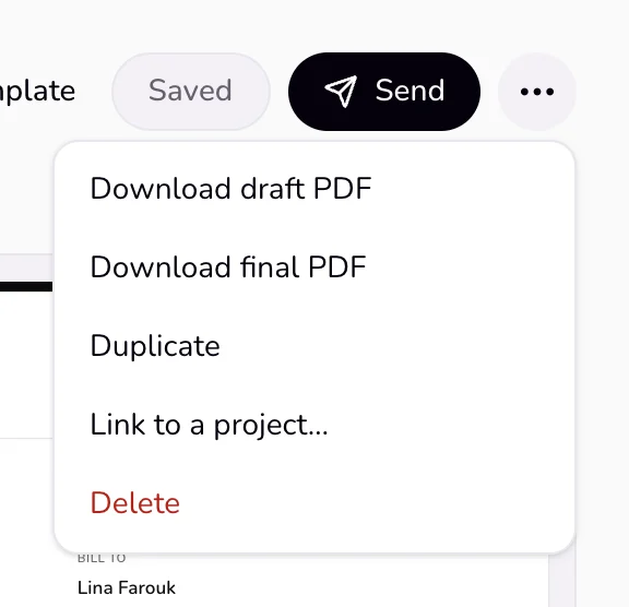 The More menu open at the top of a draft invoice, with Download draft PDF and Download final PDF.