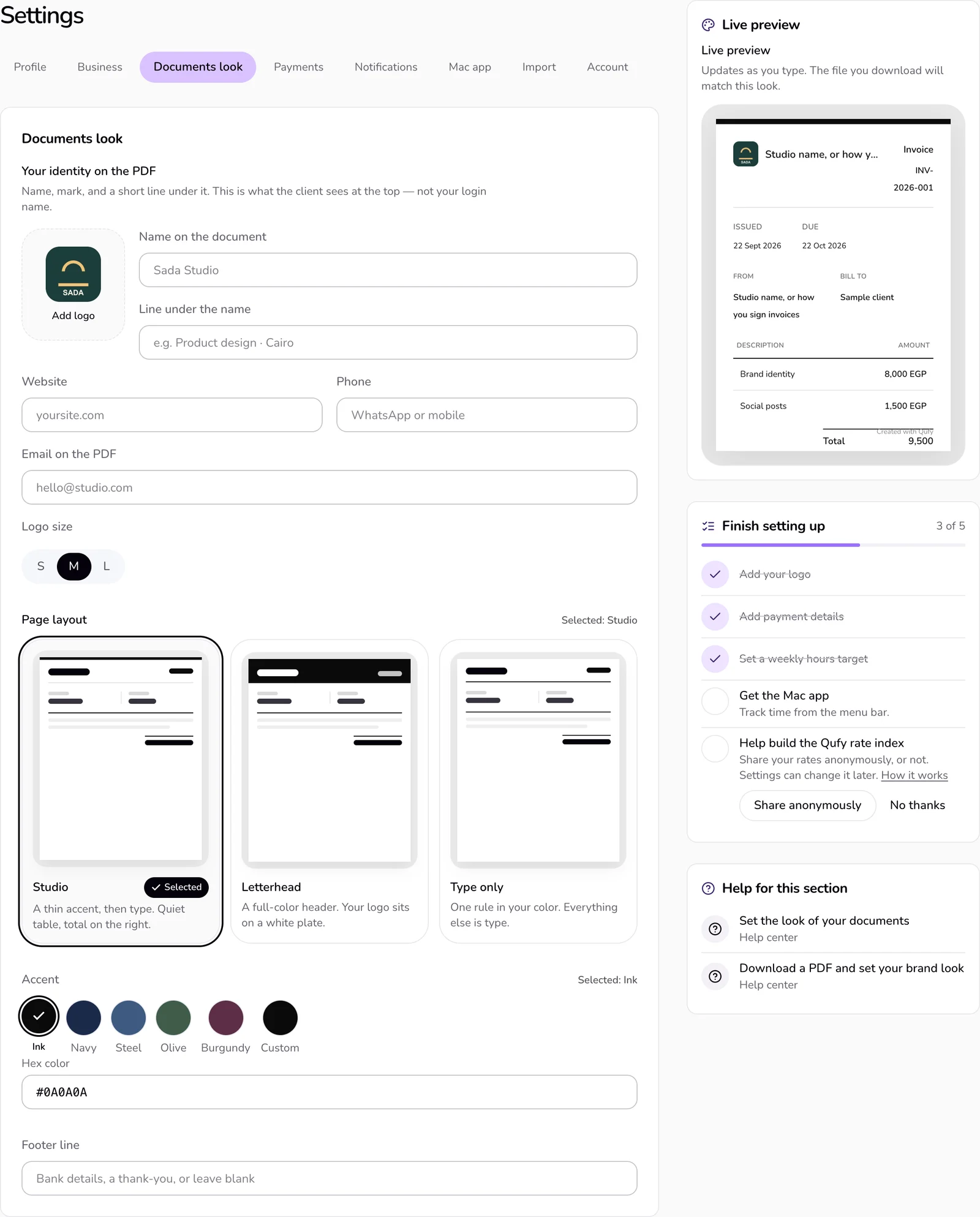 The Documents look section in Settings with the logo, the name on the document, the page layouts, and the accent colours, and the paper preview at the side.