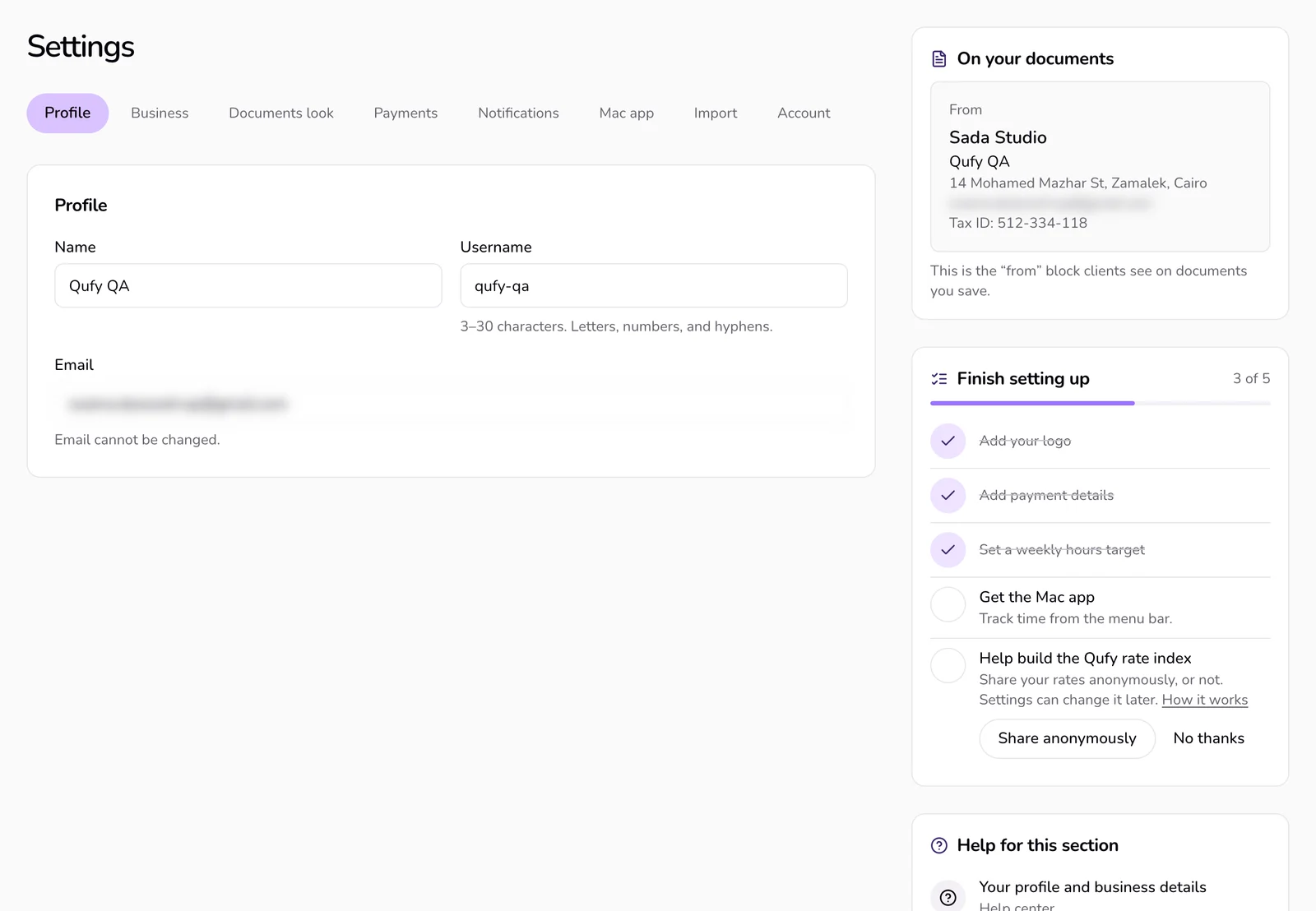 Settings with Profile chosen in the bar of sections: the Name and Username fields and the email below them, and On your documents beside them.