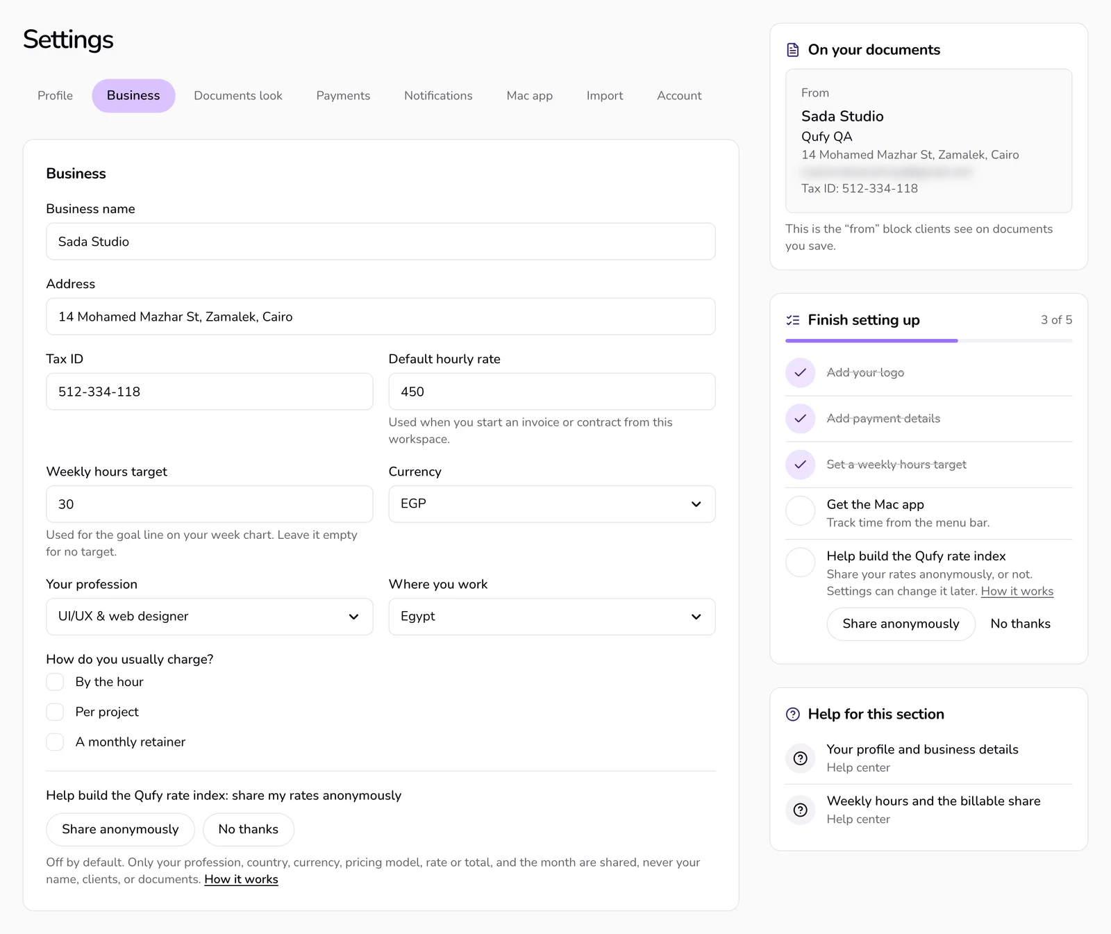 The Business section with its fields, and the On your documents preview of the from block beside it.