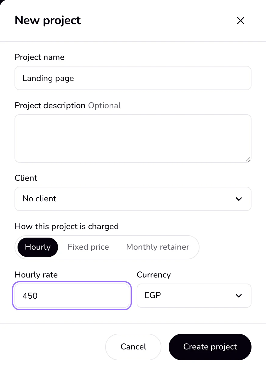 The New project panel with the project name, description, client, the three ways to charge, and the hourly rate and currency.