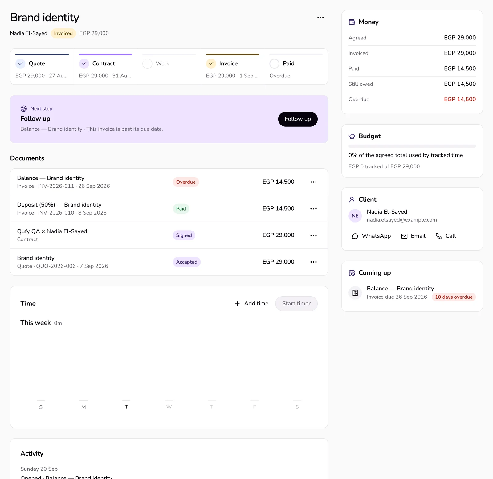 A project page: the name, client, status and price, the project steps, the Next step card, the documents, and the Money module at the side.