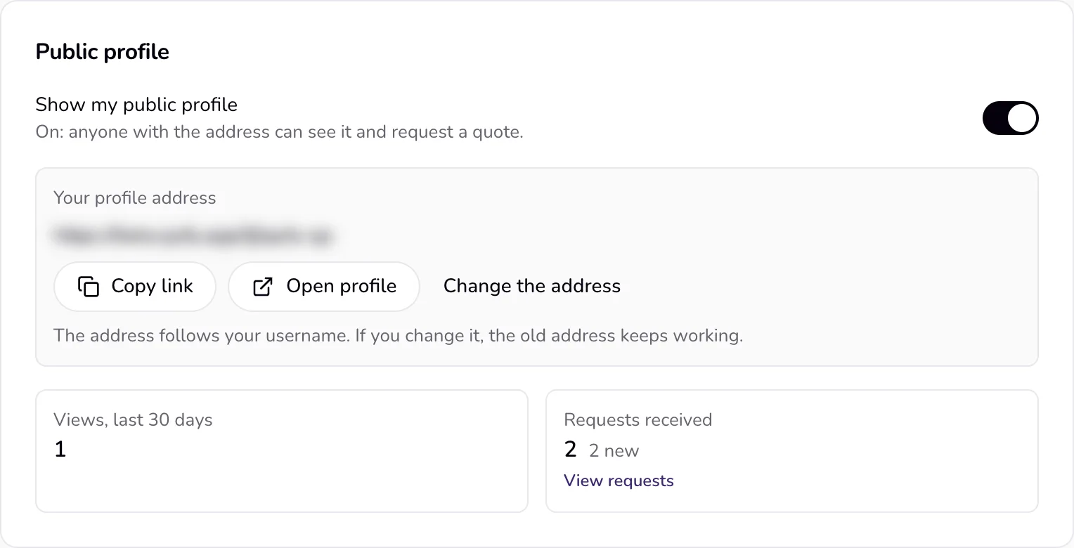 Settings, Public profile: the switch, the address with Copy link, views, and requests received.