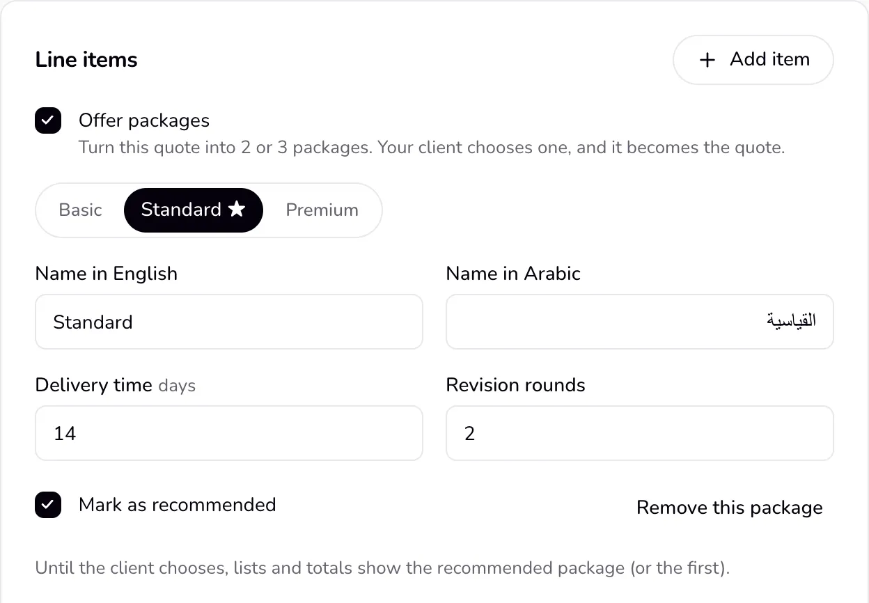 The quote editor with Offer packages on: the Basic, Standard, and Premium tabs, the names, delivery time, revision rounds, and the lines of the open package.