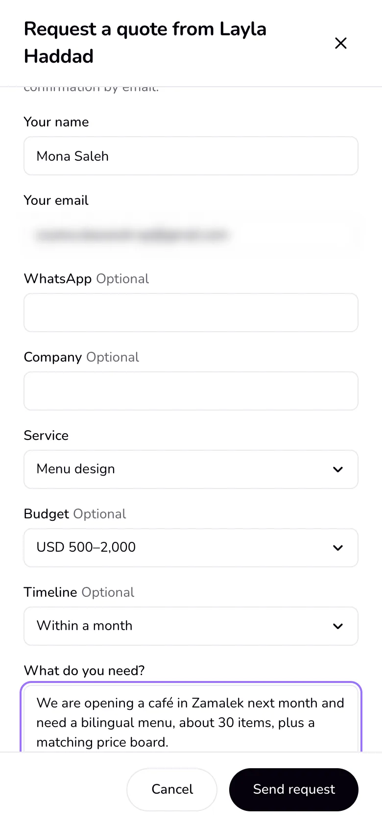 The Request a quote form on a profile: name, email, service, budget, timeline, and the message.