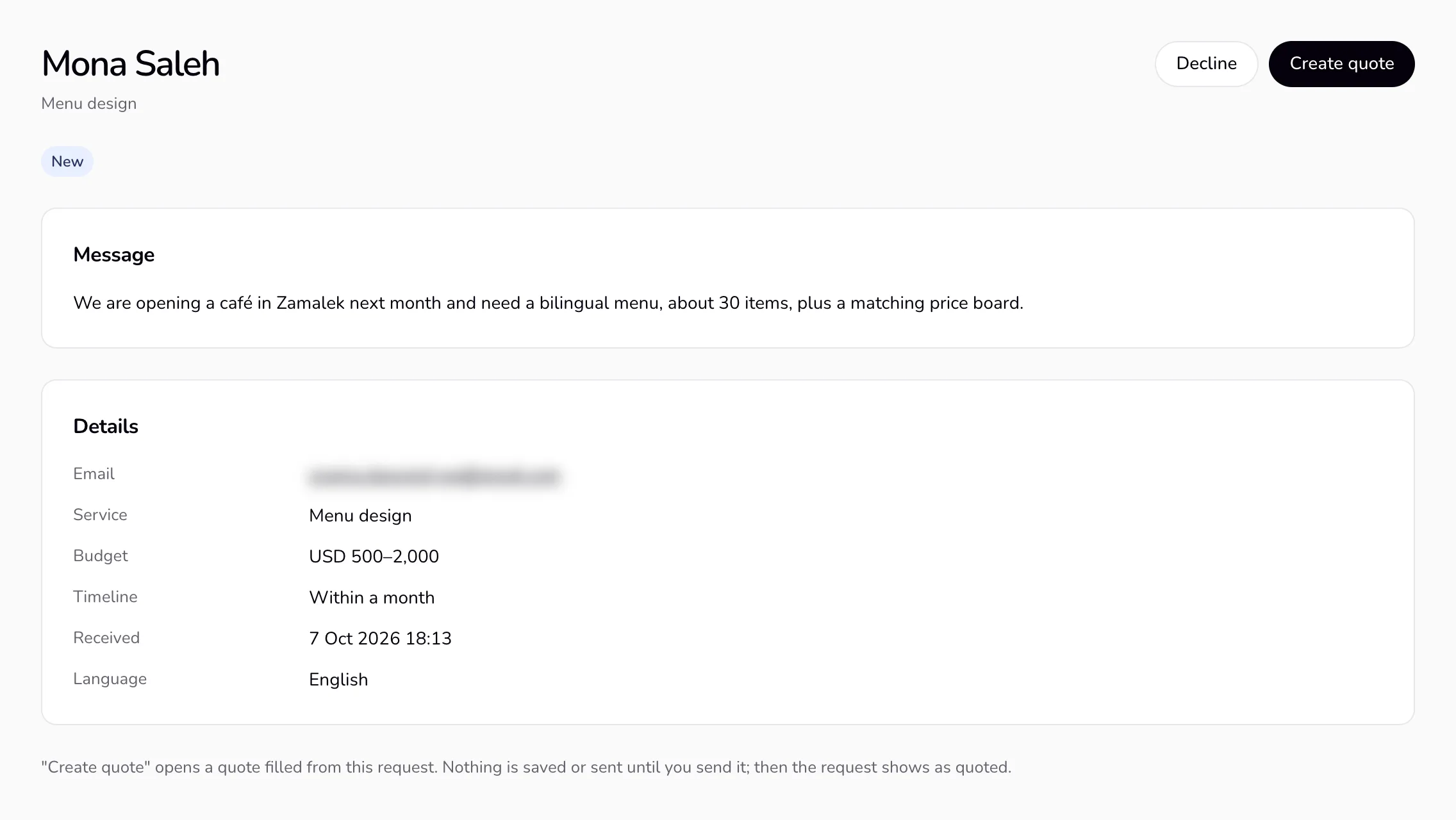A request in Qufy: the message, the details, Decline, and Create quote.